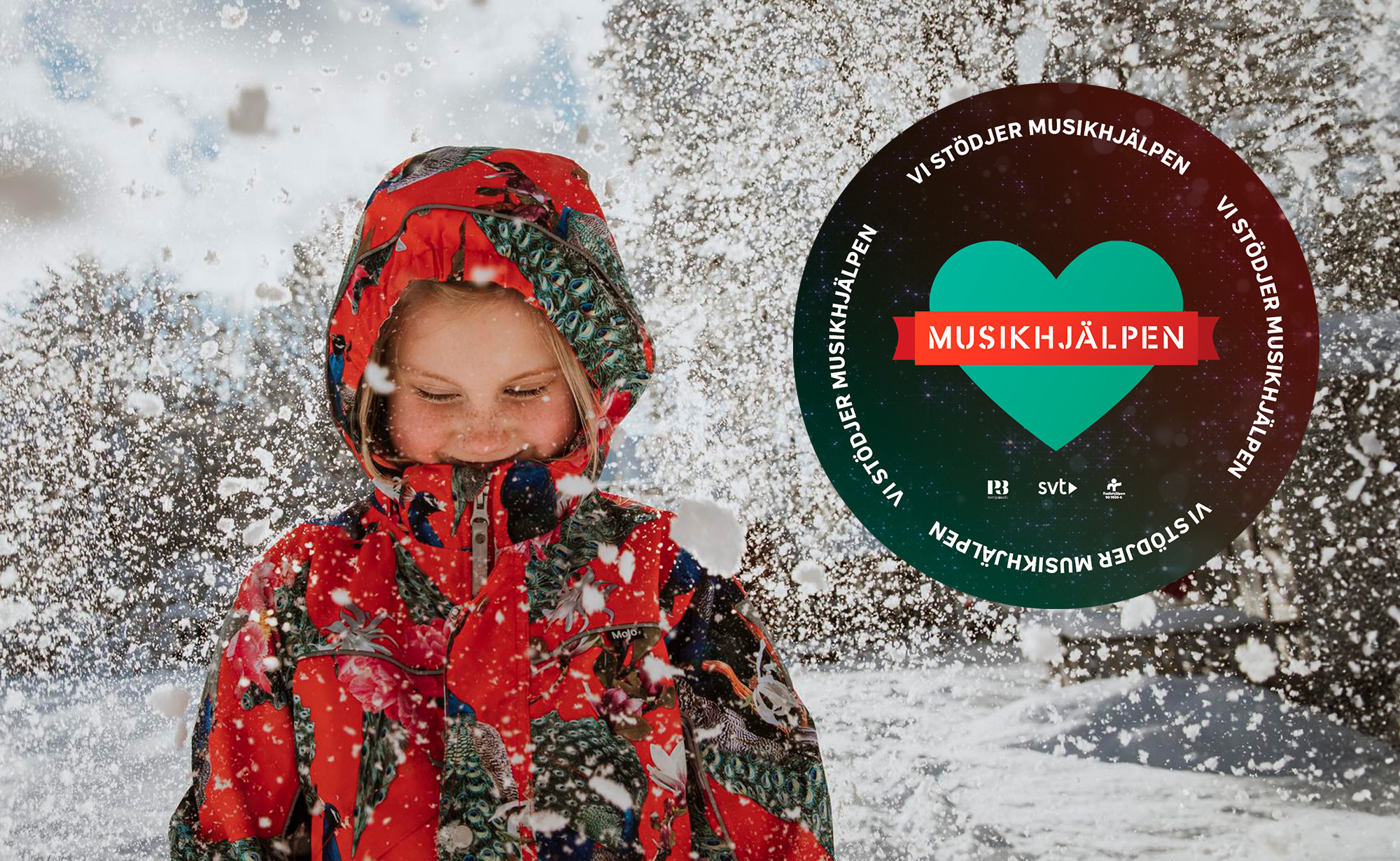Child in snow, outdoors and added Musikhjälpen logo